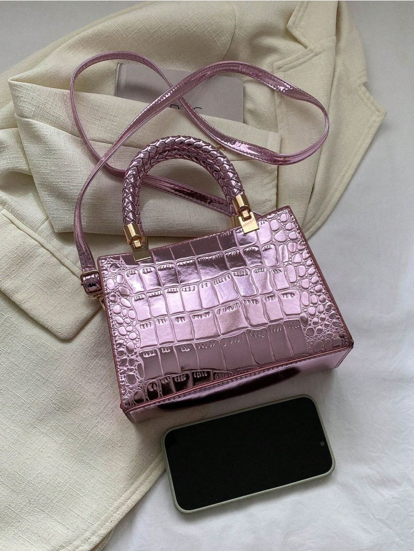 Mini Square Bag Crocodile Embossed Metallic PU Funky