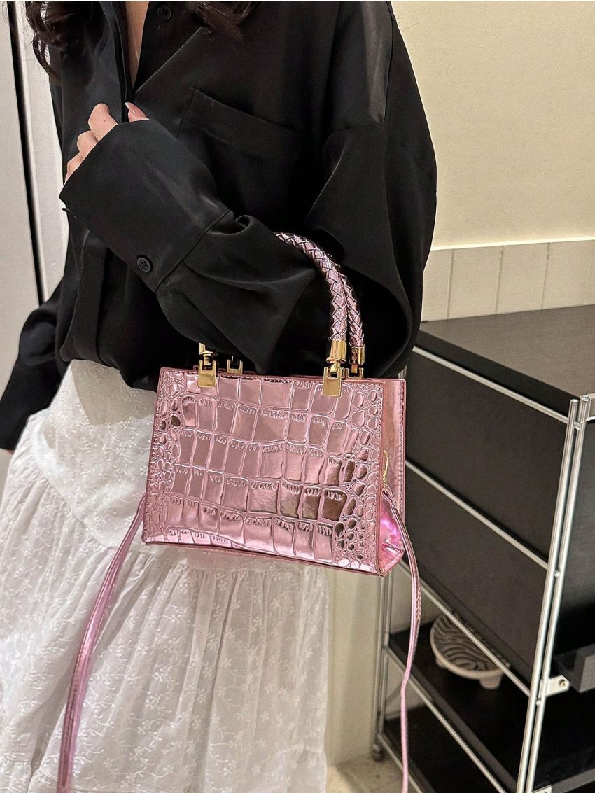 Mini Square Bag Crocodile Embossed Metallic PU Funky