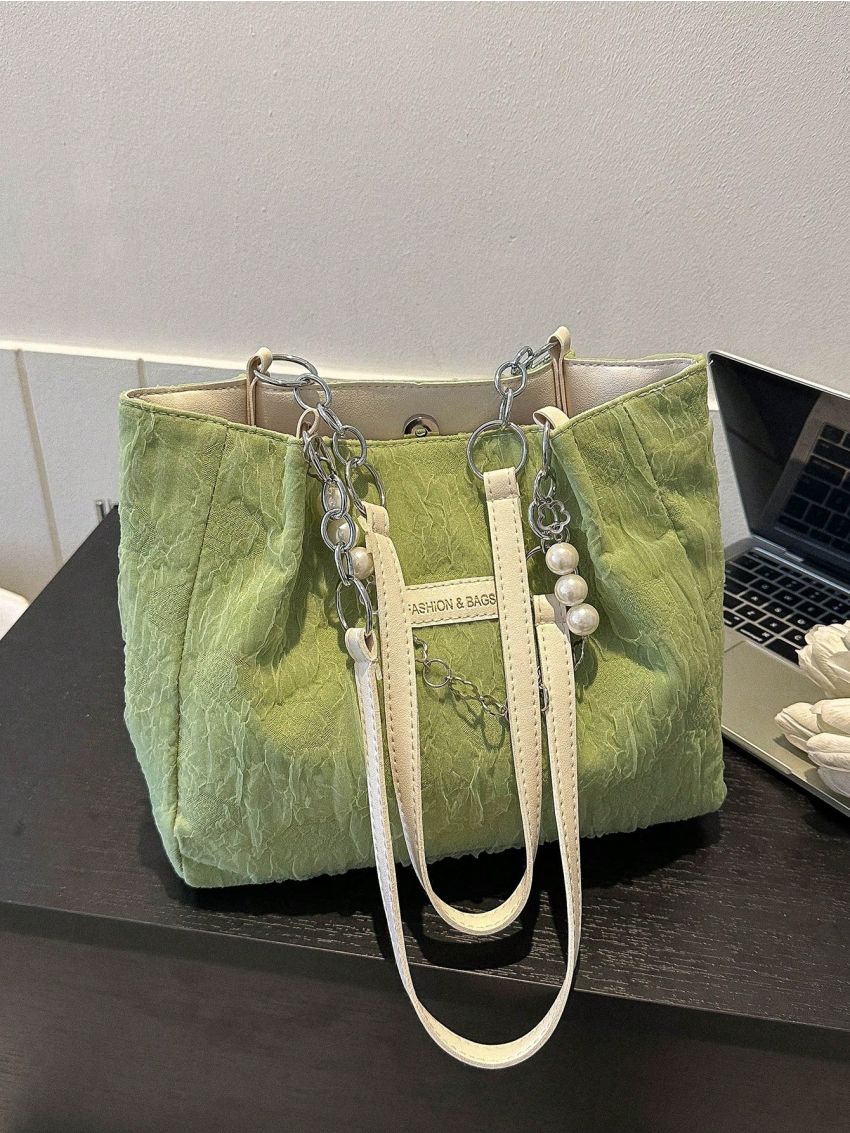 Letter Patch & Faux Pearl Decor Square Bag Green Chain Polyester