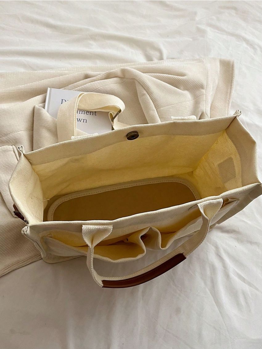 Small Shoulder Tote Bag Letter Patch Decor Double Handle Polyester