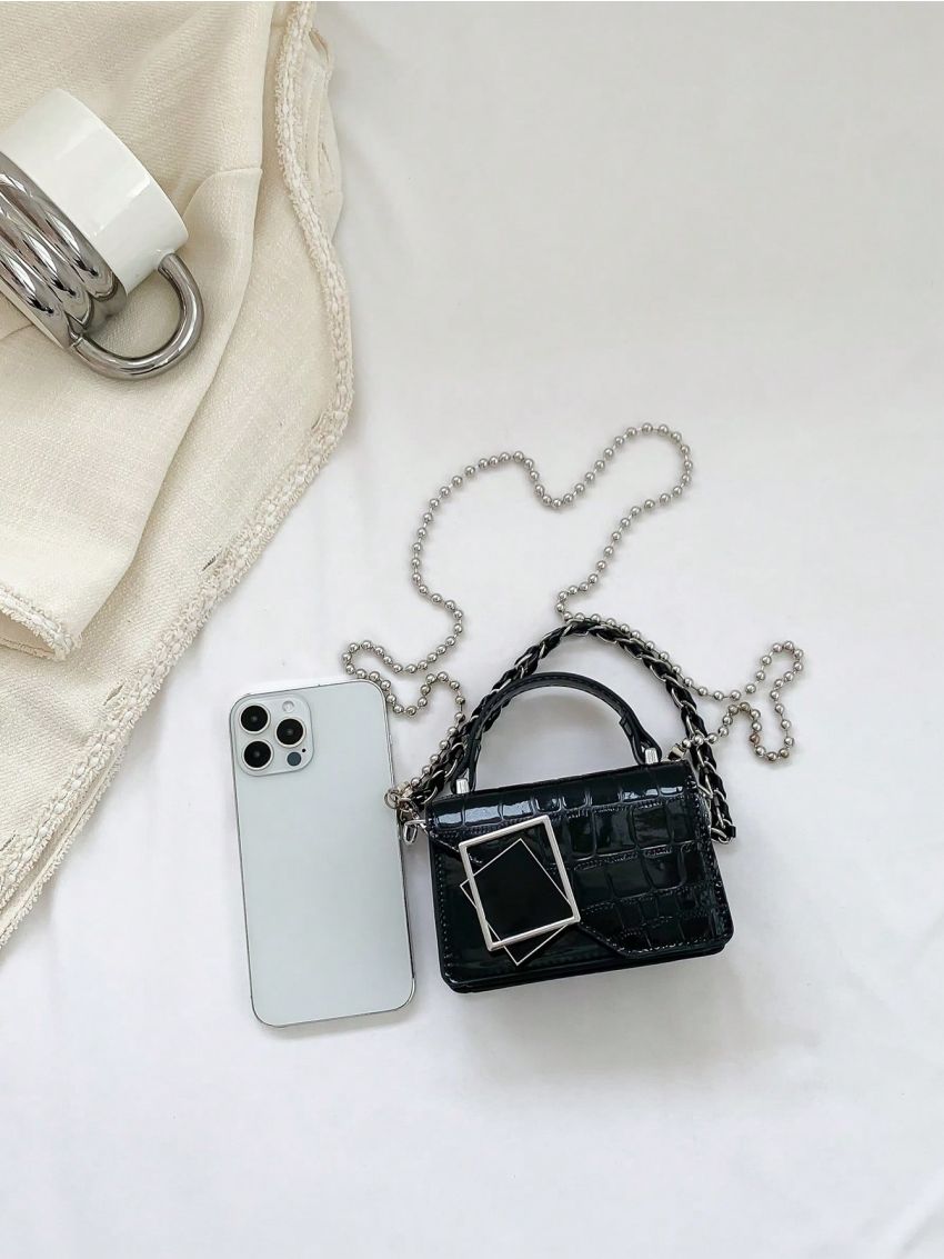 Mini Square Bag Metallic Crocodile Embossed Top Handle