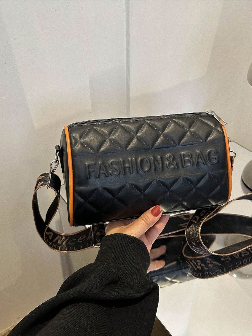 White Bucket Bag Letter & Quilted Detail With Zipper PU