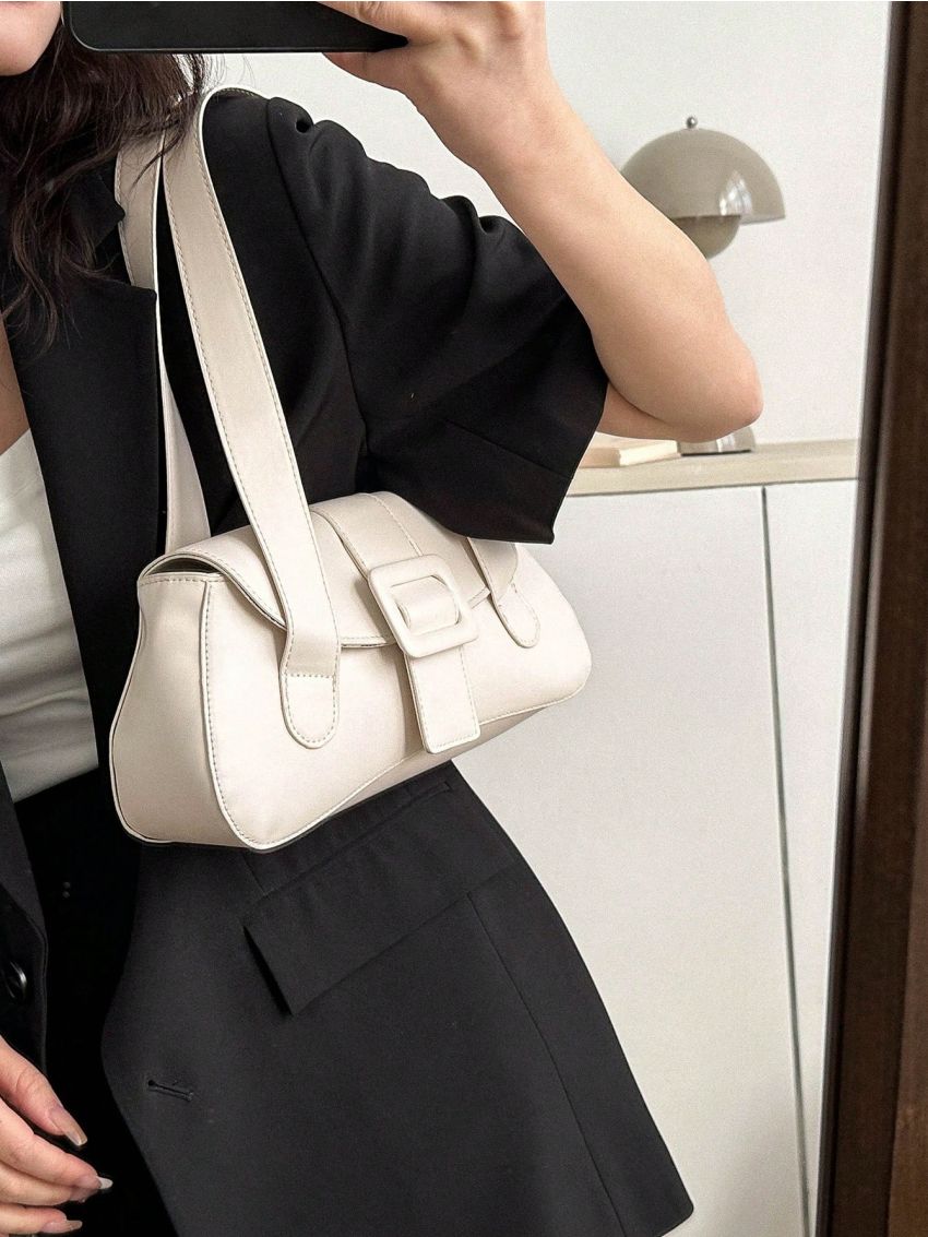 Flap Shoulder Tote Bag Buckle Decor