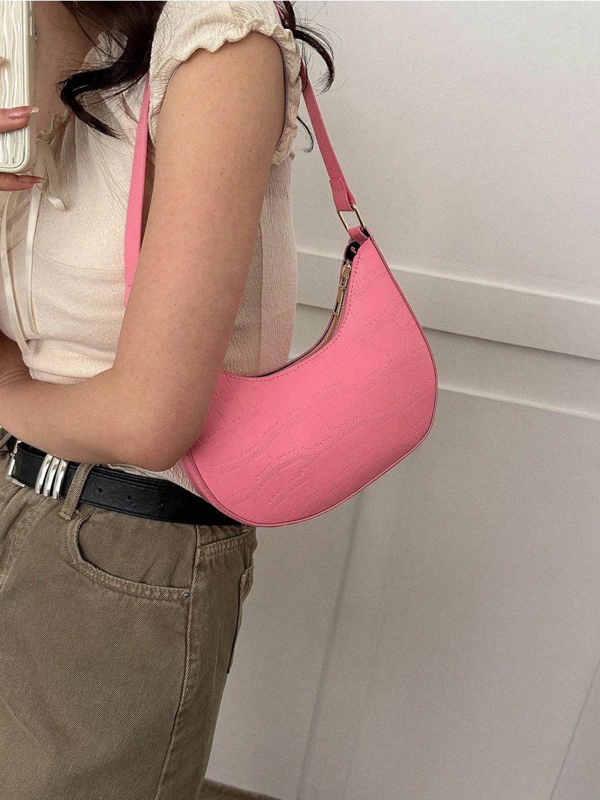 Small Hobo Bag Embossed Detail Solid Pink