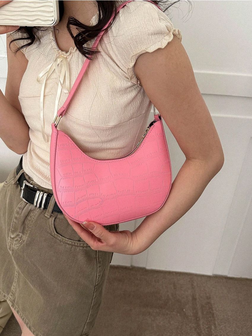 Small Hobo Bag Embossed Detail Solid Pink