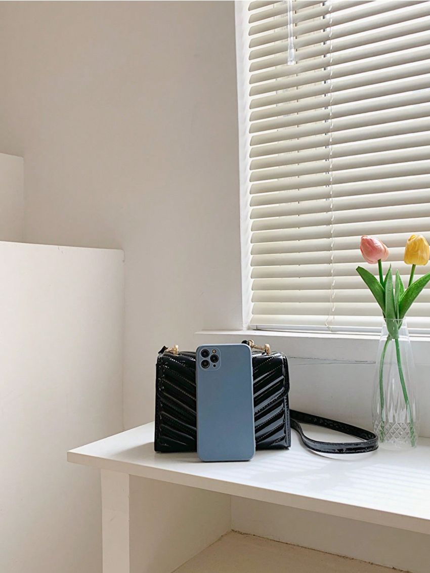 Mini Flap Square Bag Quilted Pattern Minimalist Black