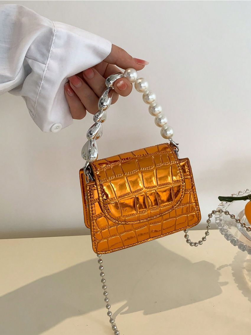 Mini Square Bag Crocodile Embossed Faux Pearl Decor Chain Strap