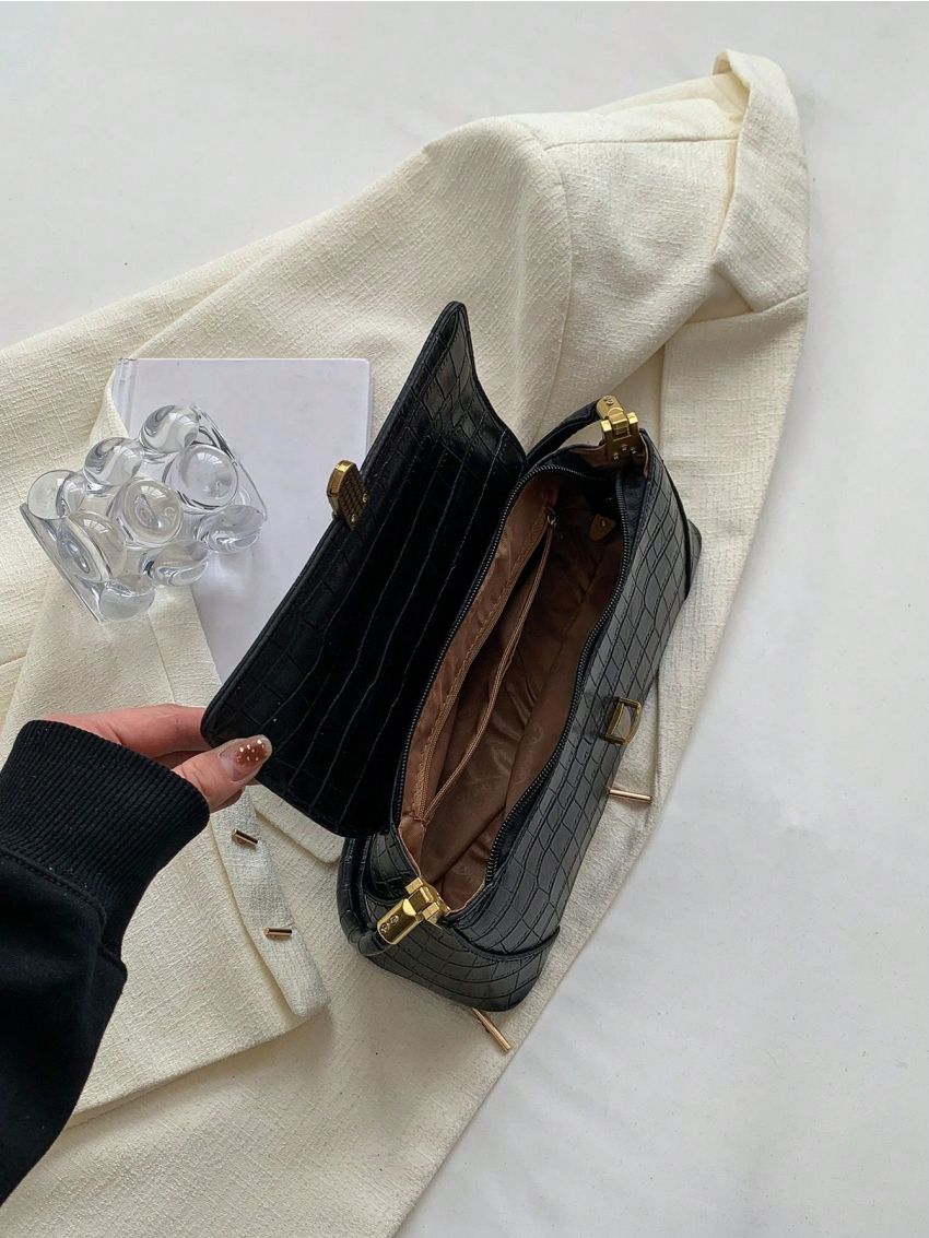 Medium Flap Baguette Bag Crocodile Embossed Elegant