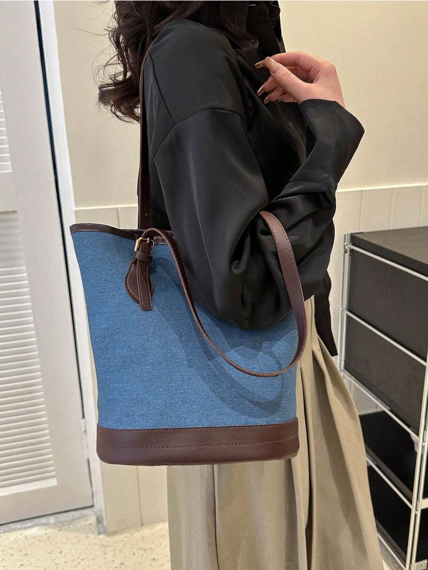 Small Two Tone Bucket Bag Buckle Decor Contrast Binding