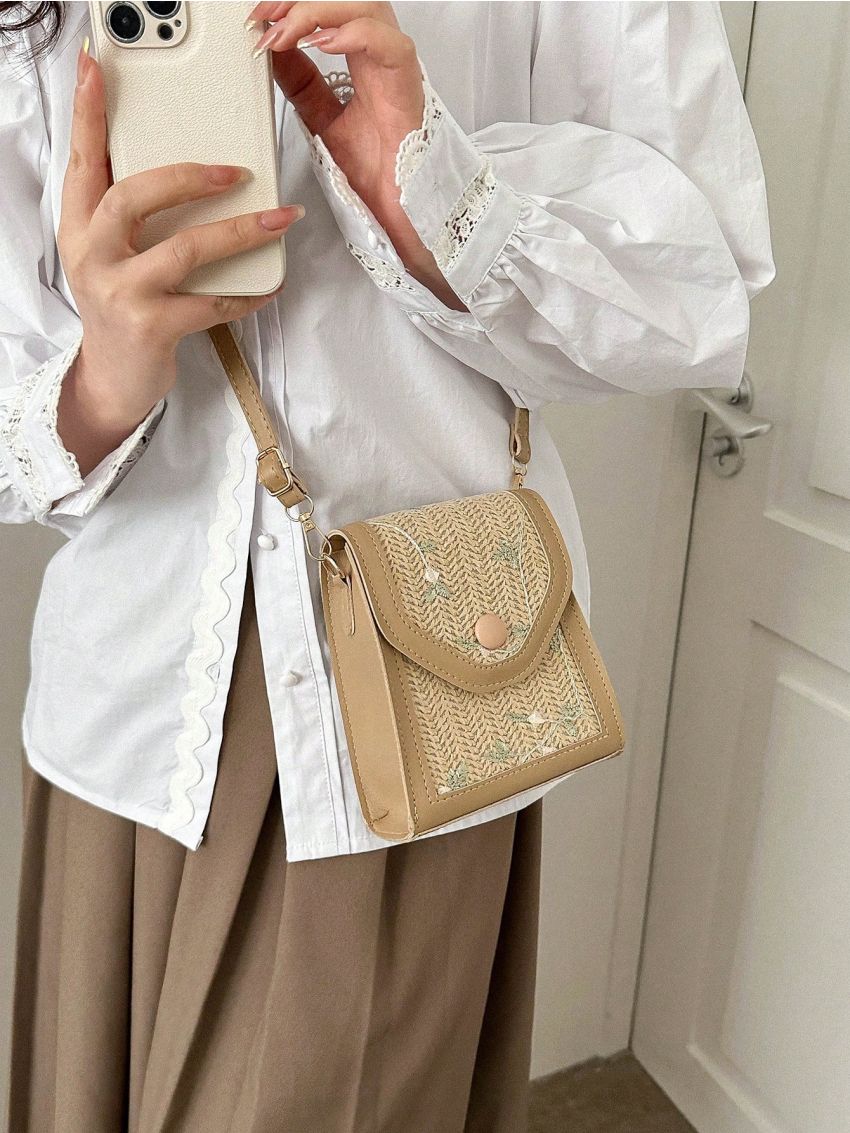 Mini Flap Straw Bag Embroidered Detail Button Decor