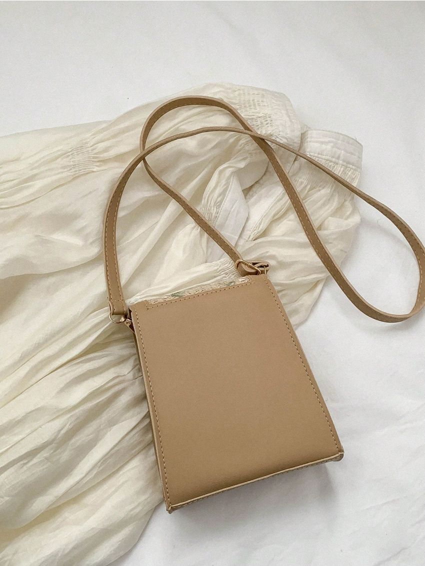 Mini Flap Straw Bag Embroidered Detail Button Decor