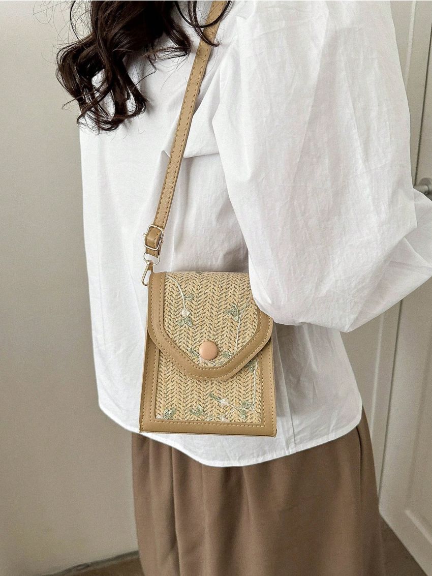 Mini Flap Straw Bag Embroidered Detail Button Decor