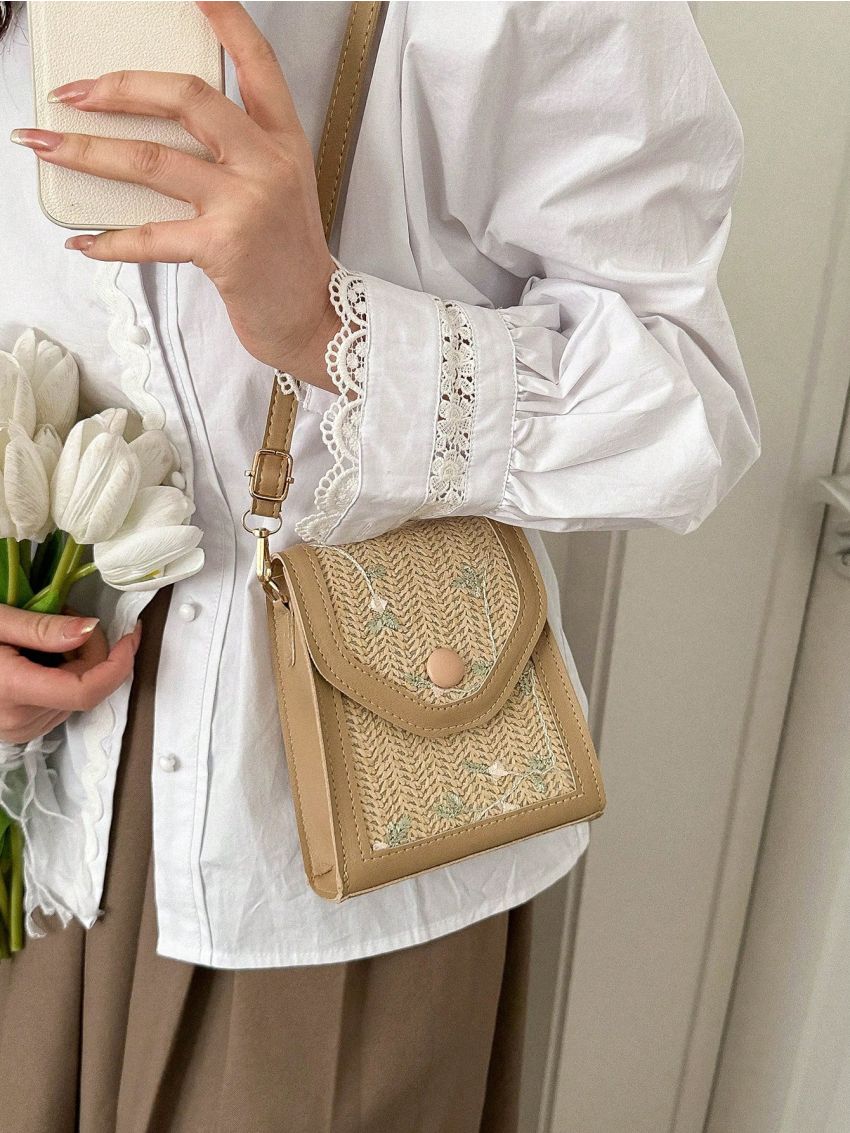 Mini Flap Straw Bag Embroidered Detail Button Decor