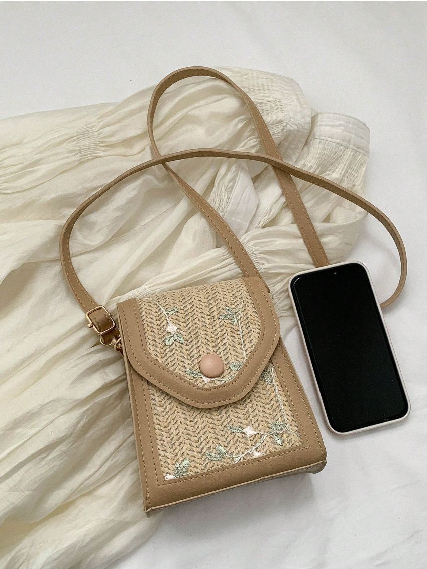 Mini Flap Straw Bag Embroidered Detail Button Decor