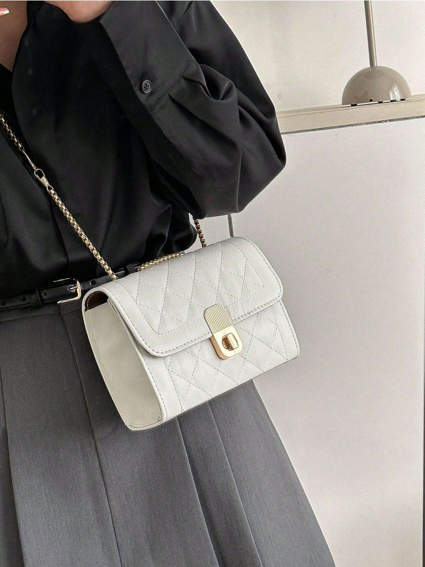 Mini Flap Square Bag Quilted Pattern Turn Lock