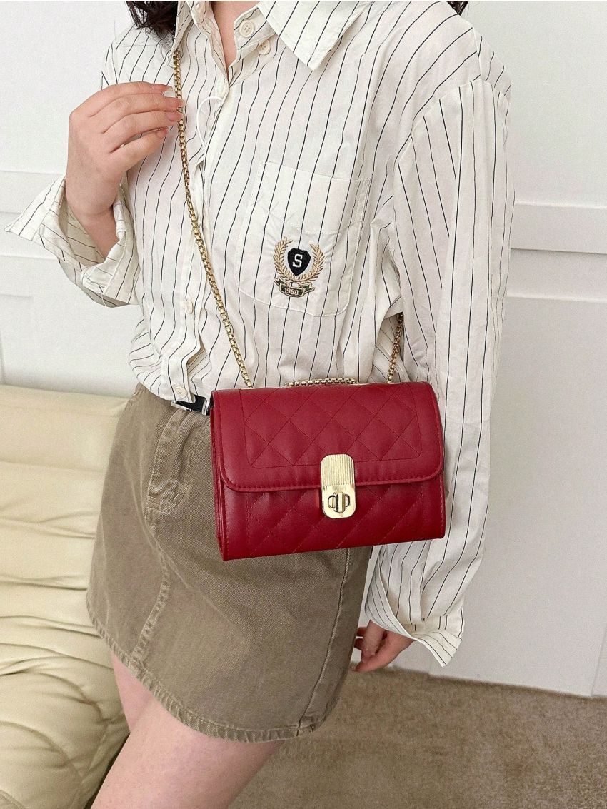 Mini Flap Square Bag Quilted Pattern Turn Lock