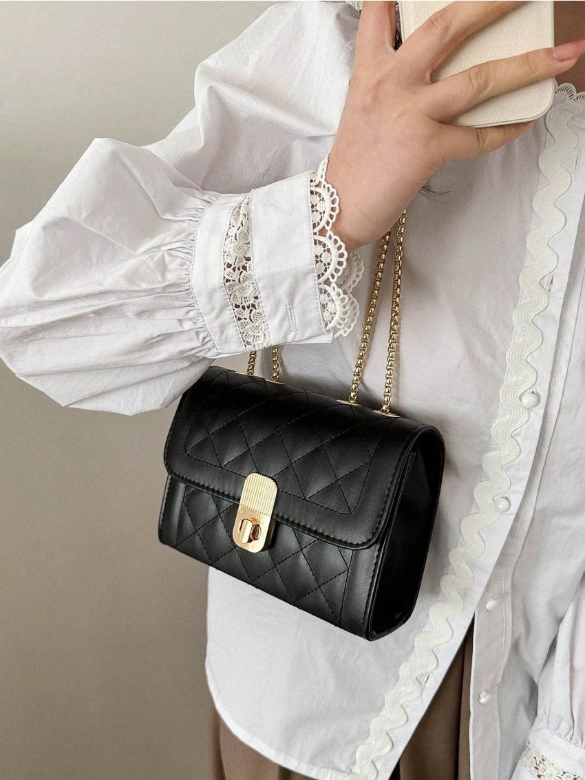 Mini Flap Square Bag Quilted Pattern Turn Lock