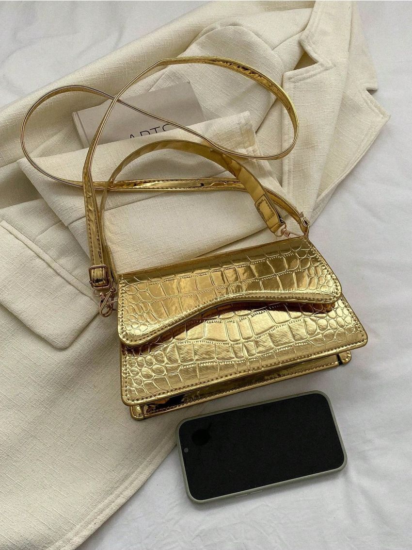 Small Flap Square Bag Crocodile Embossed Metallic Funky