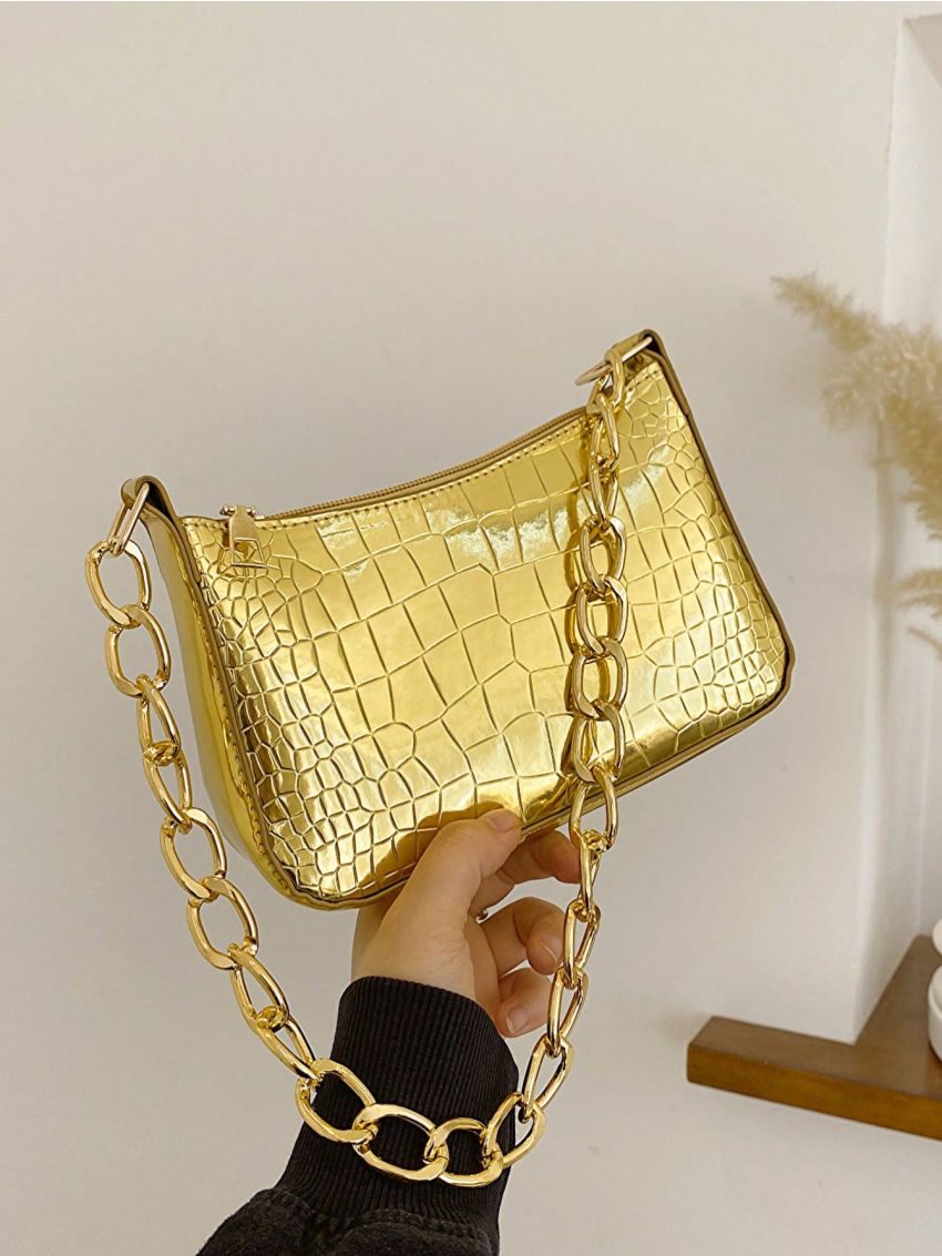 Mini Hobo Bag Crocodile Embossed Metallic Funky Chain Strap