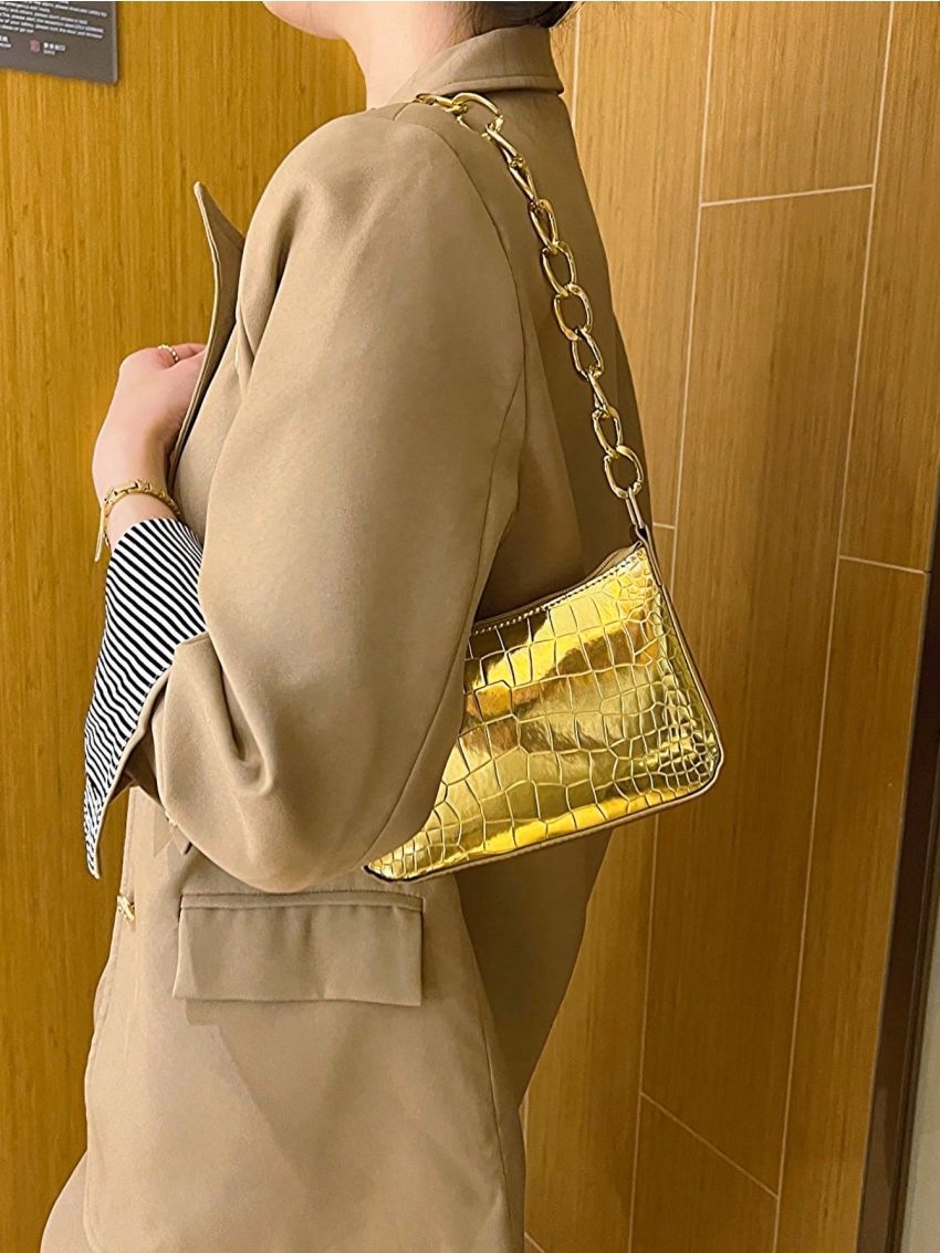 Mini Hobo Bag Crocodile Embossed Metallic Funky Chain Strap