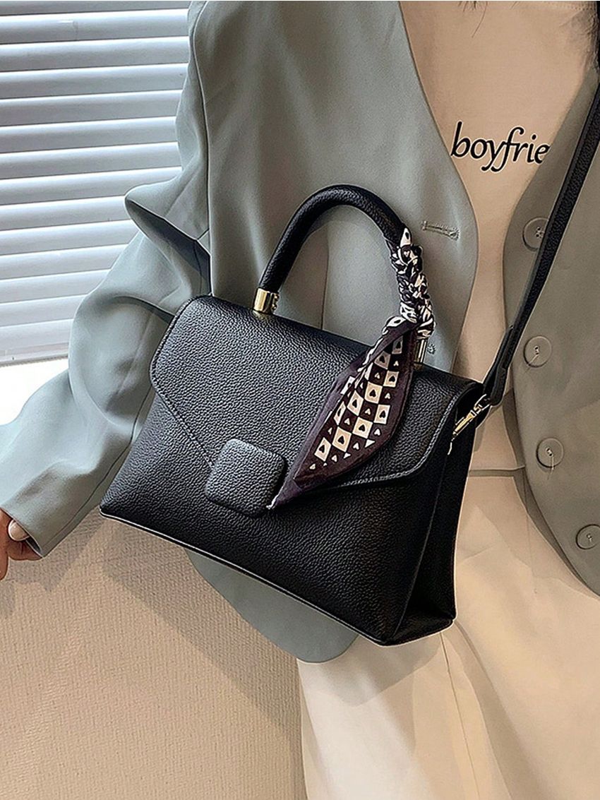 Small Flap Square Bag Litchi Embossed Twilly Scarf Decor