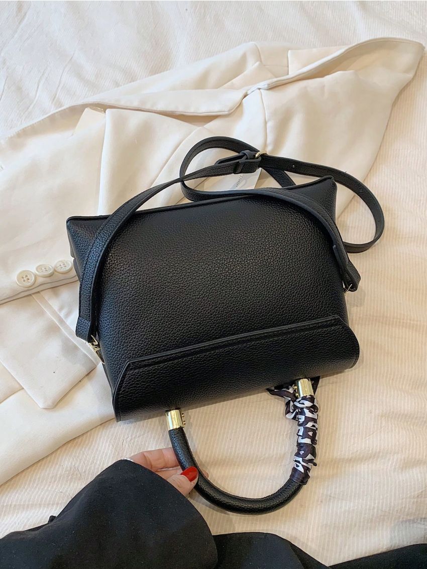 Small Flap Square Bag Litchi Embossed Twilly Scarf Decor