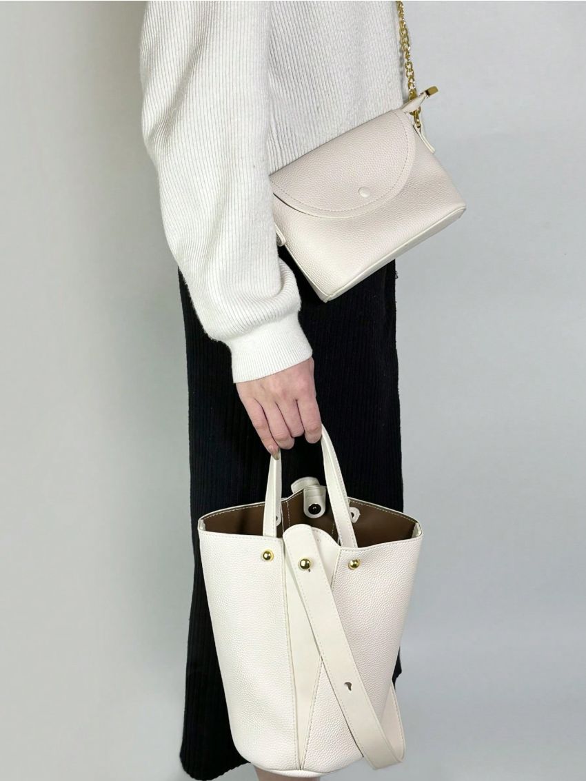 2pcs Bag Set Bucket Bag Crossbody Bag Litchi Embossed Minimalist