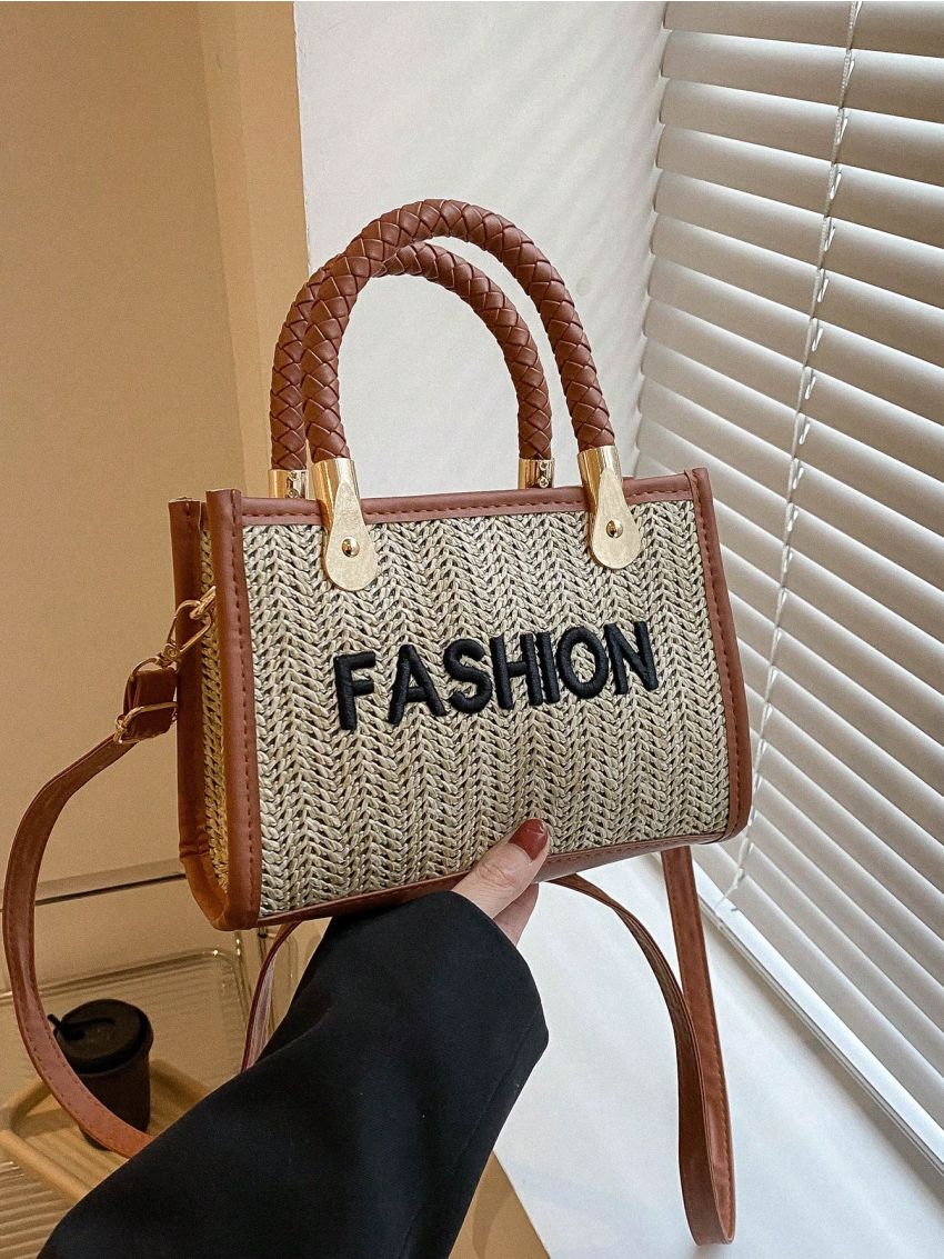 Mini Straw Bag Letter Embroidered Contrast Binding Vacation