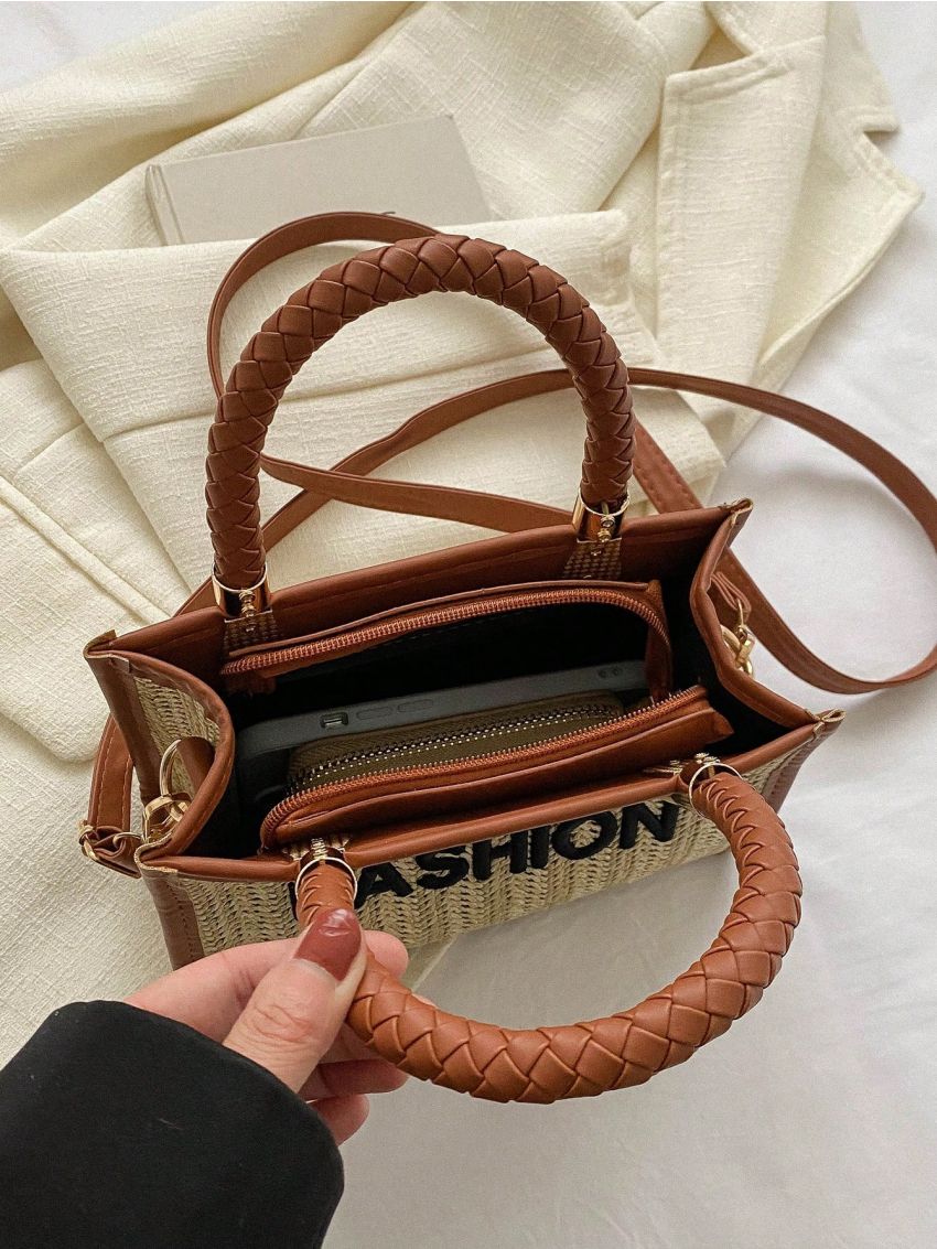 Mini Straw Bag Letter Embroidered Contrast Binding Vacation