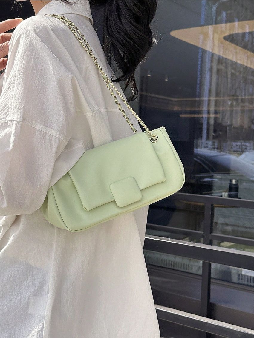 Flap Square Bag PU Chain Green