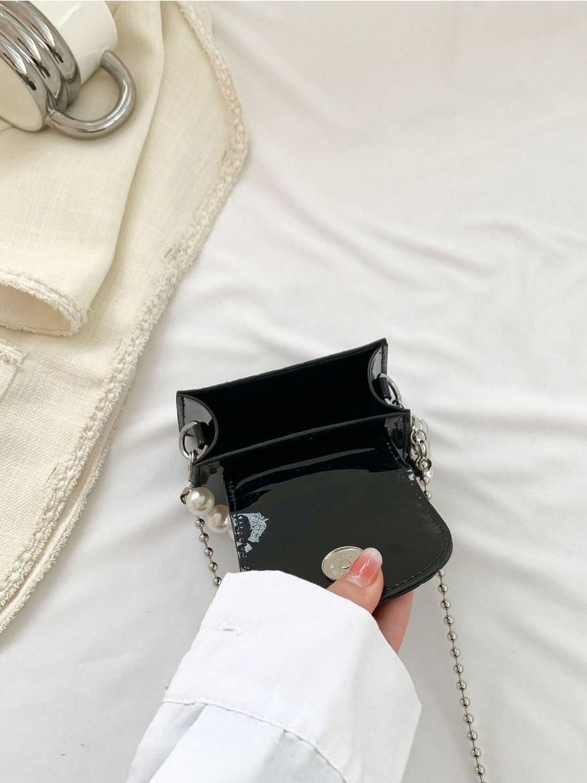 Mini Square Bag Crocodile Embossed Faux Pearl Decor Chain Strap