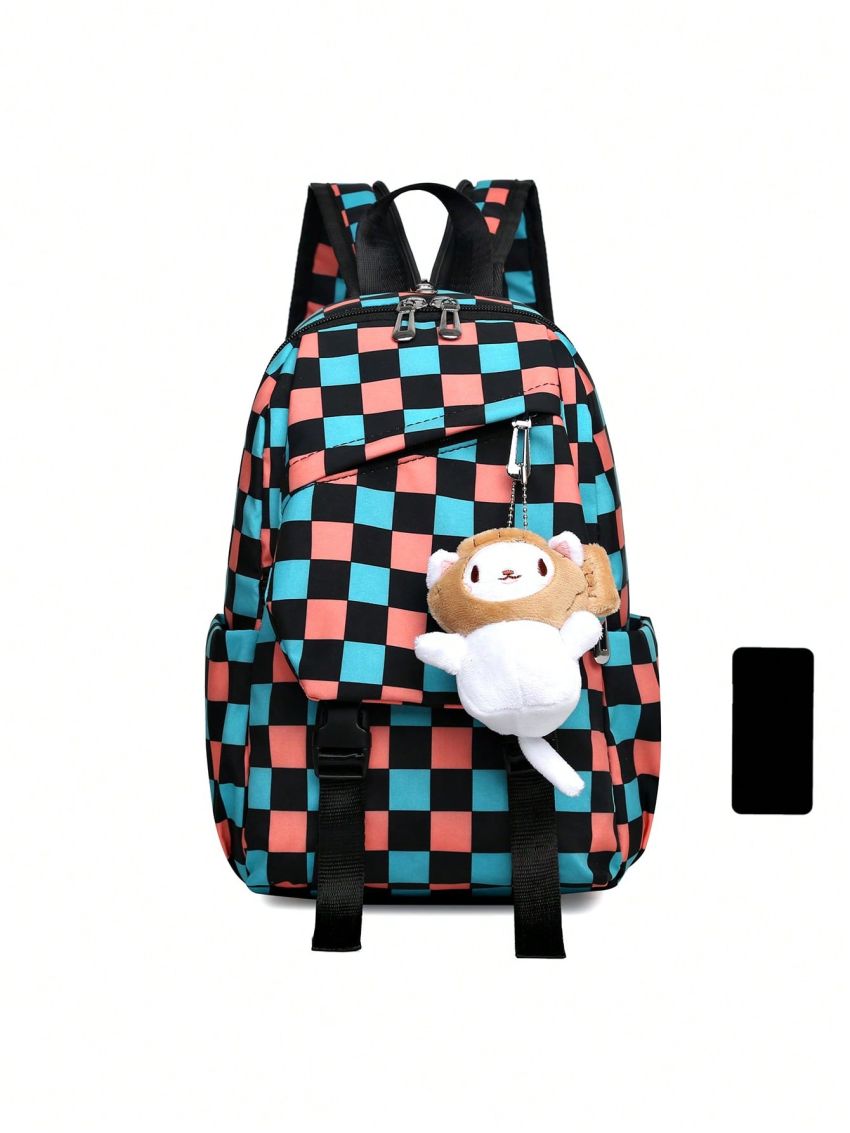 Plaid Pattern Classic Backpack Nylon With Bag Charm