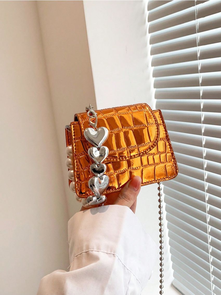 Faux Pearl Beaded Square Bag Crocodile Embossed Funky