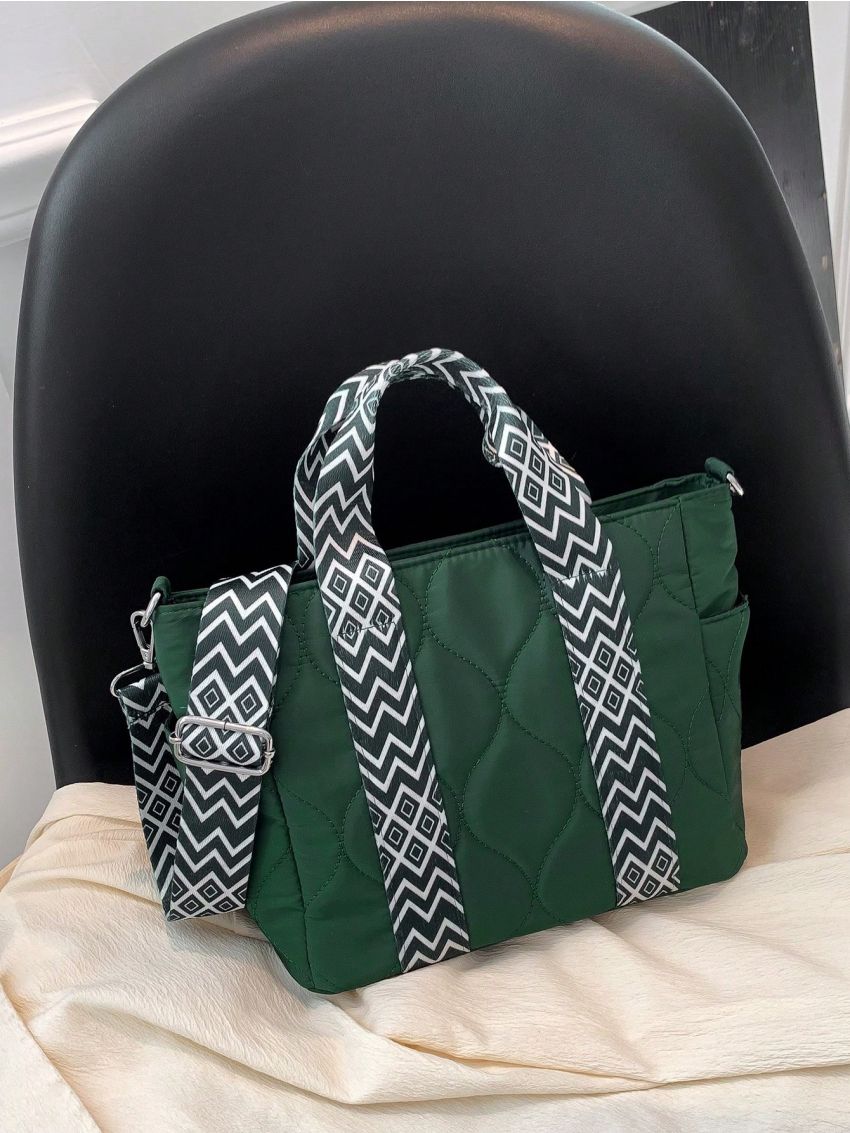 Small Tote Bag Quilted Geometric Pattern Strap