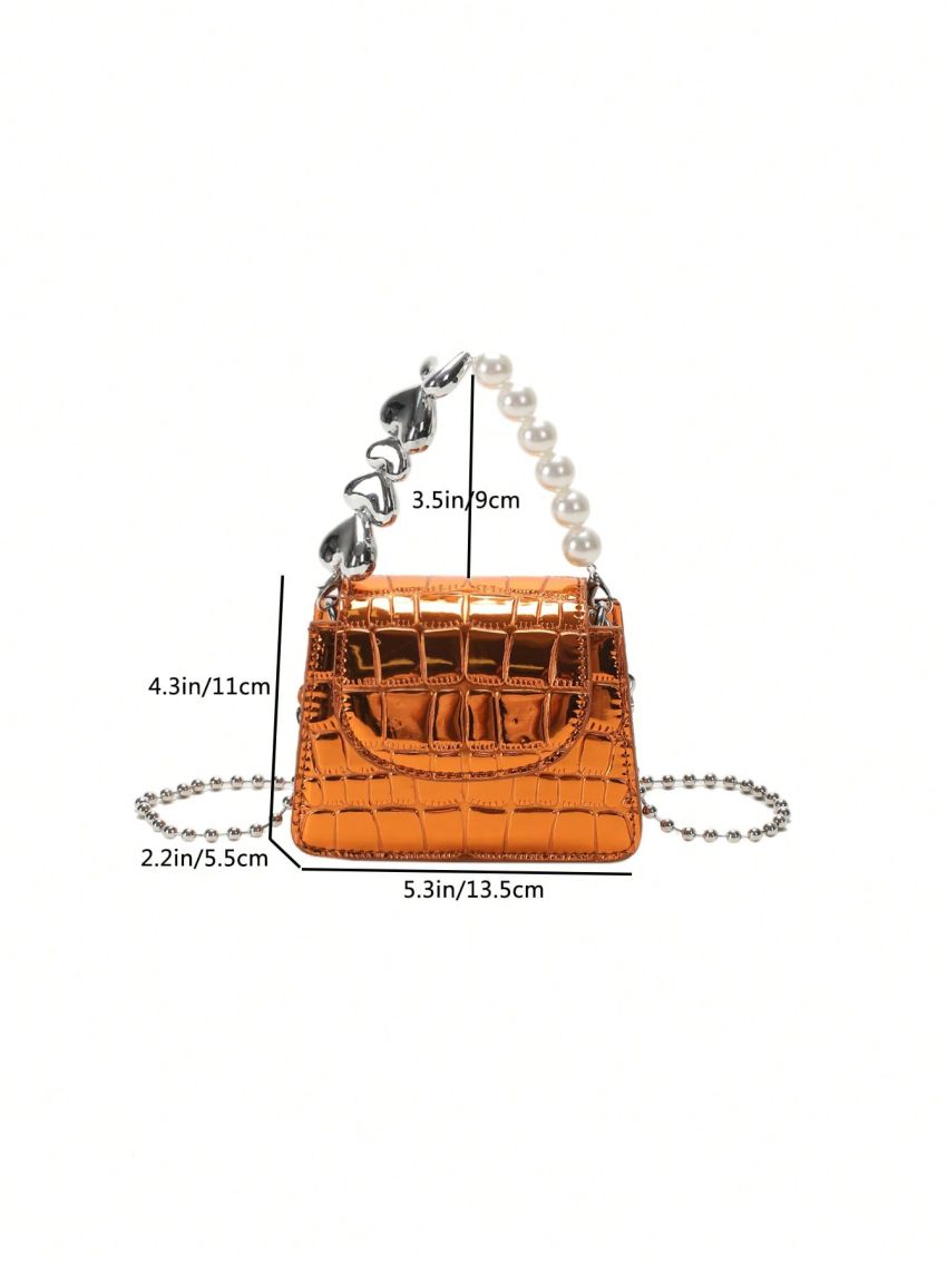 Mini Square Bag Crocodile Embossed Faux Pearl Decor Chain Strap