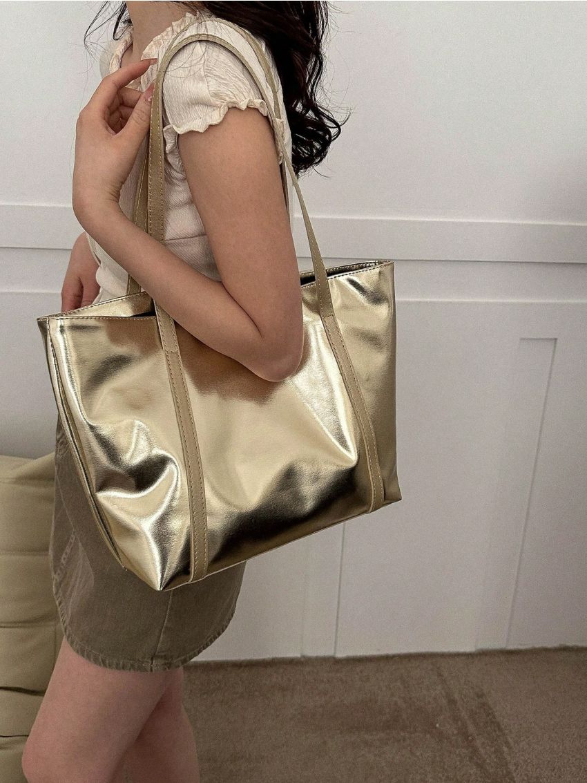 Zipper Shoulder Tote Bag Double Handle Metallic PU Funky