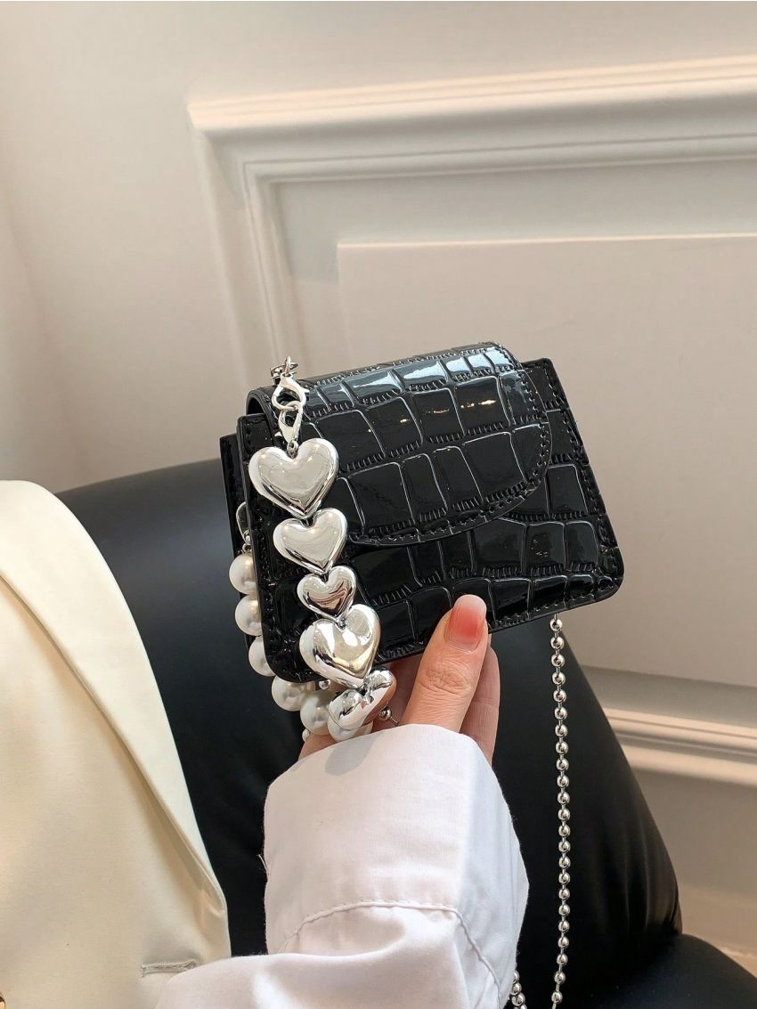Mini Square Bag Crocodile Embossed Faux Pearl Decor Chain Strap