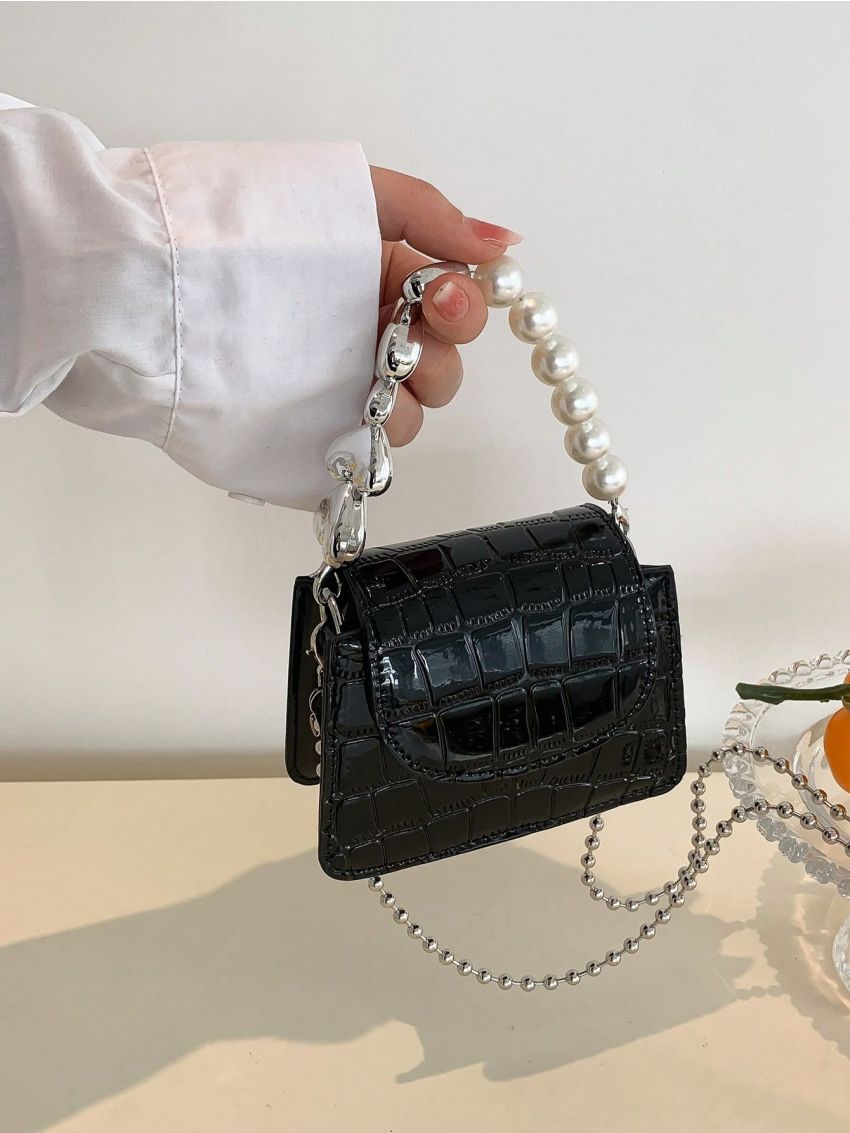 Mini Square Bag Crocodile Embossed Faux Pearl Decor Chain Strap