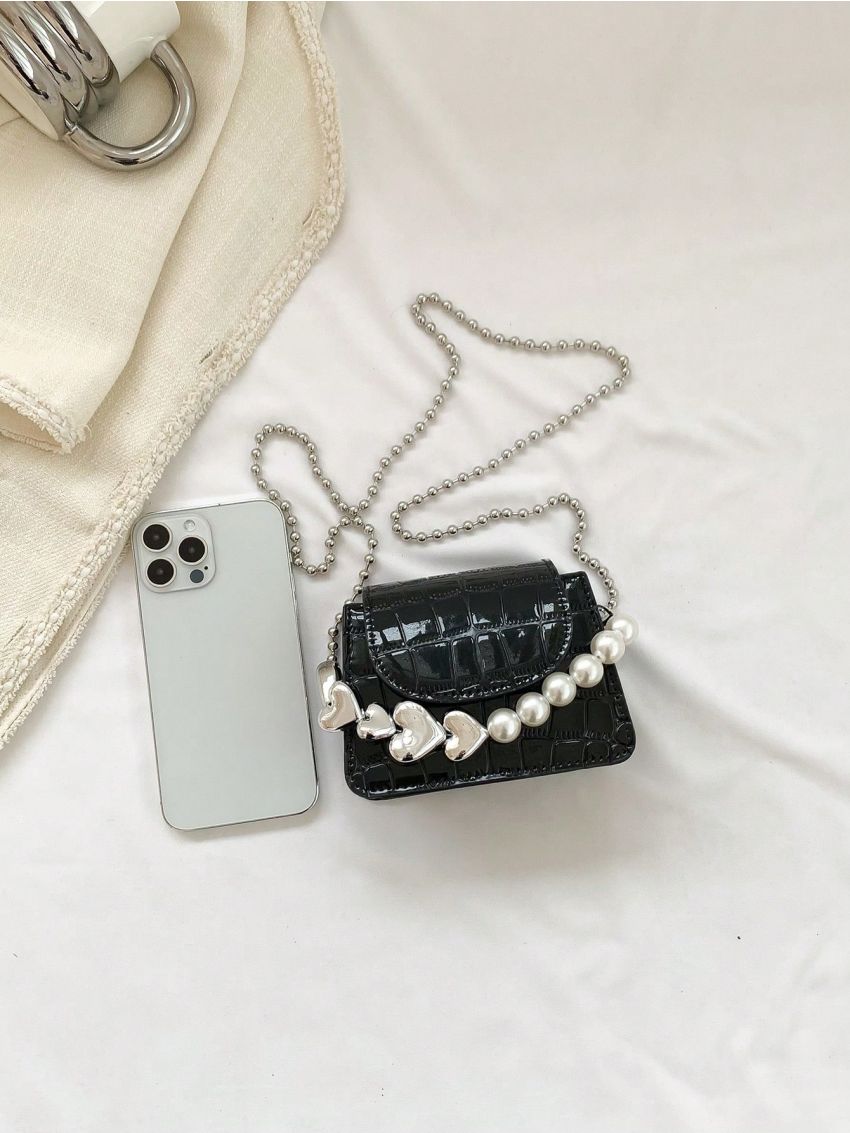 Mini Square Bag Crocodile Embossed Faux Pearl Decor Chain Strap