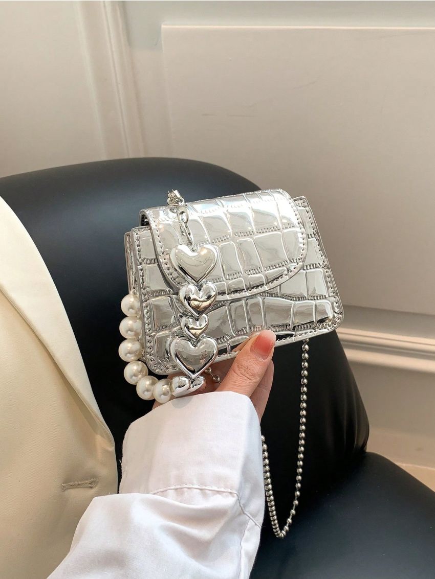 Mini Square Bag Crocodile Embossed Faux Pearl Decor Chain Strap