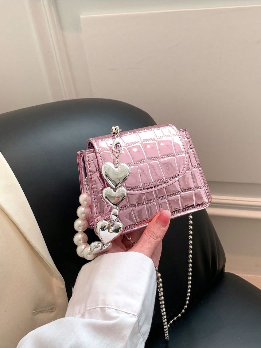 Mini Square Bag Crocodile Embossed Faux Pearl Decor Chain Strap