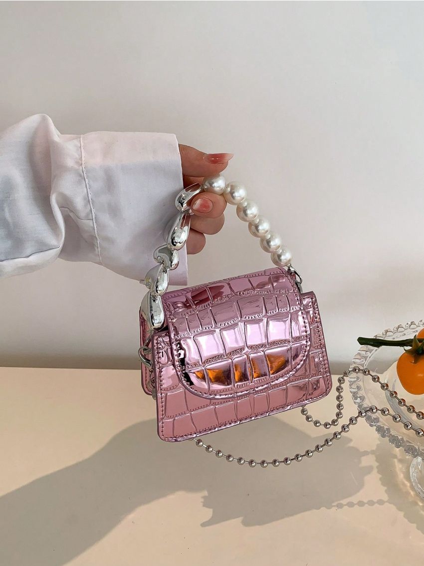 Mini Square Bag Crocodile Embossed Faux Pearl Decor Chain Strap