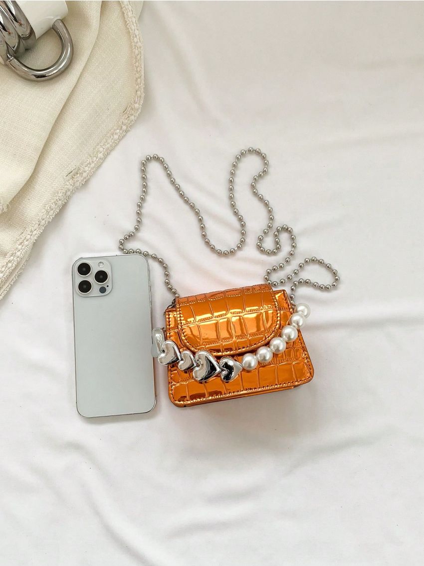 Mini Square Bag Crocodile Embossed Faux Pearl Decor Chain Strap