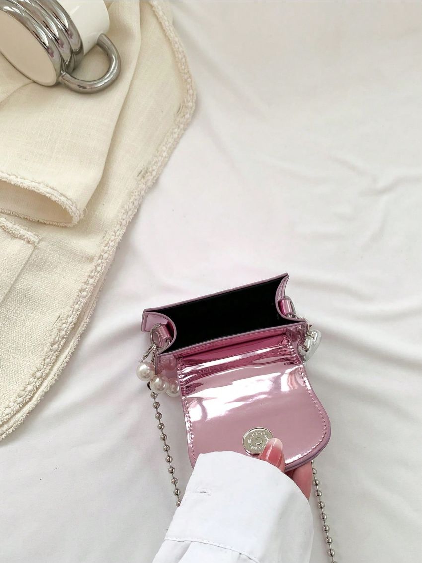 Mini Square Bag Crocodile Embossed Faux Pearl Decor Chain Strap