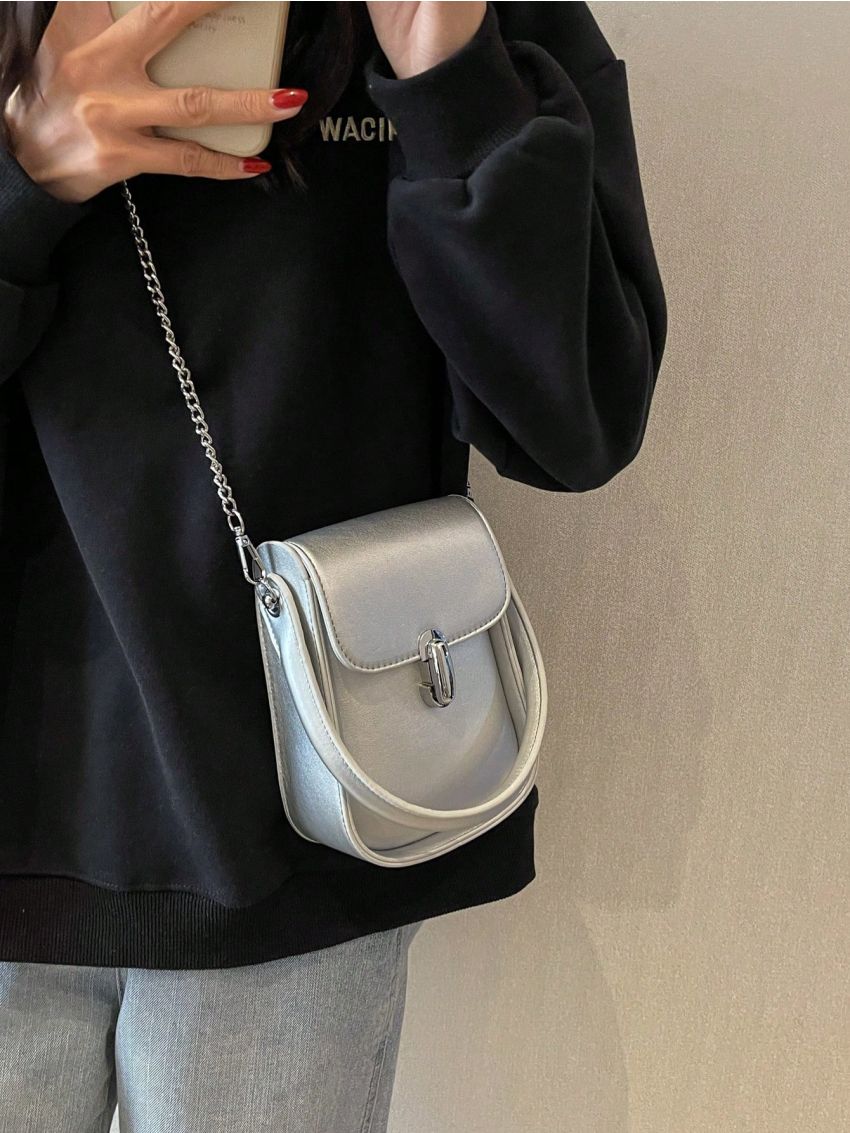 Mini Square Bag Top Handle Metal Decor Chain Strap