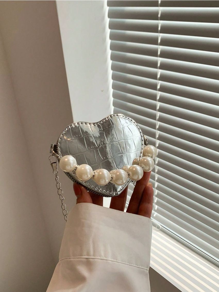 Faux Pearl Decor Novelty Bag Heart Design Crocodile Embossed