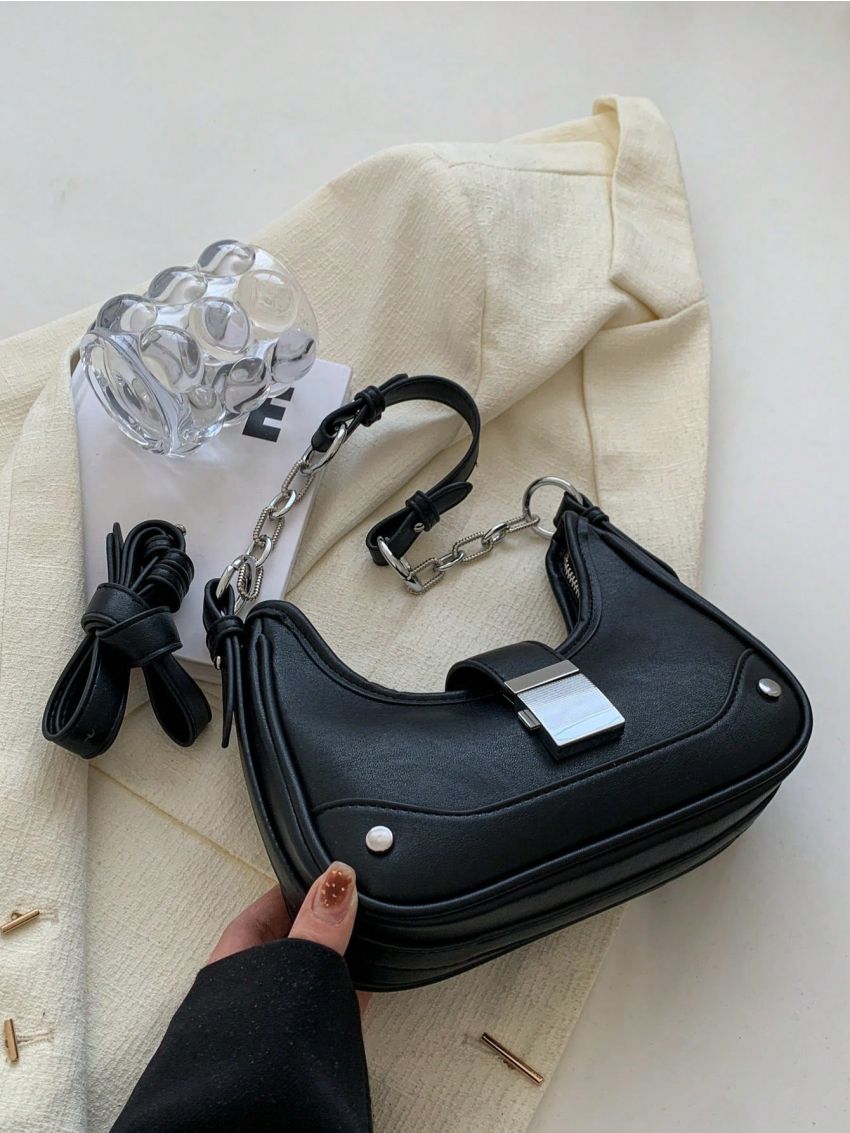 Studded Decor Hobo Bag Small Black