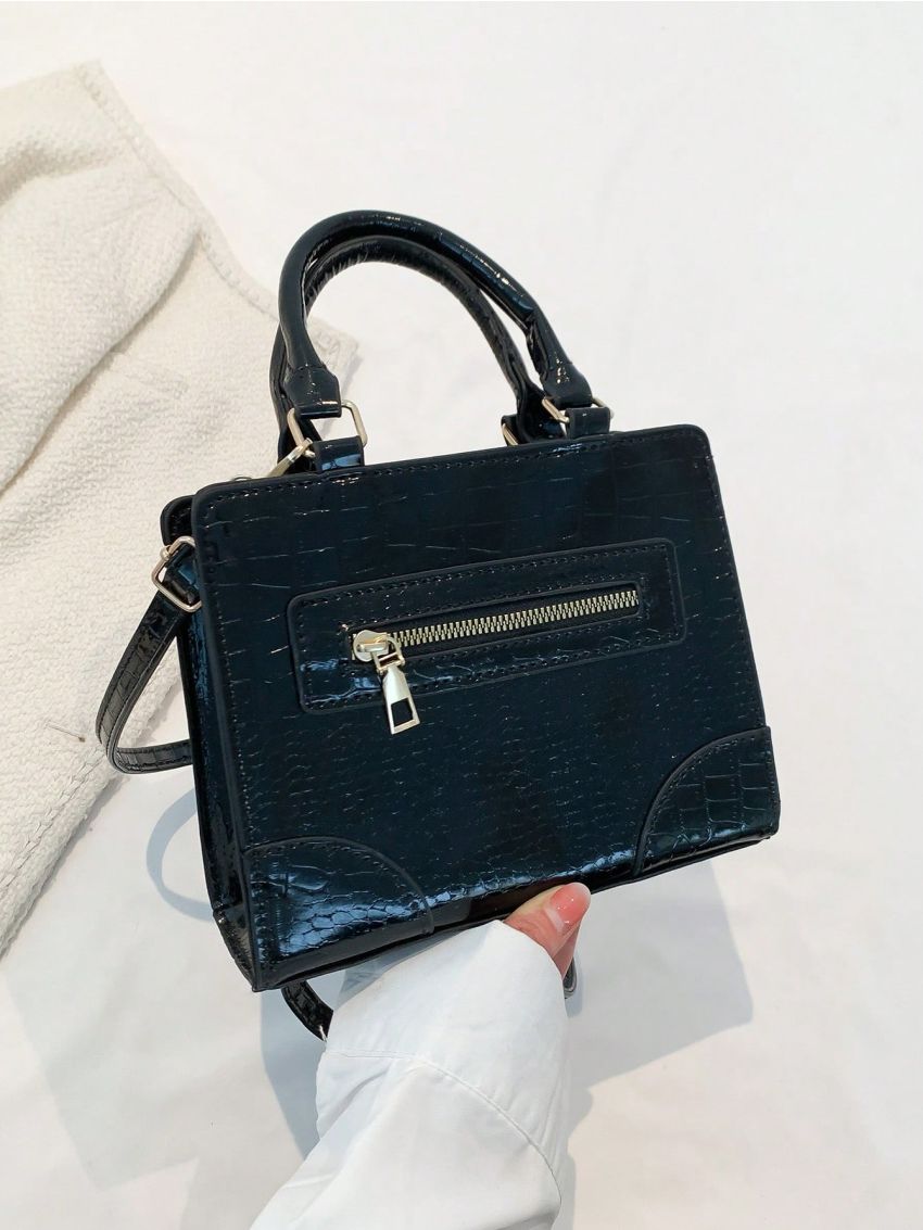 Crocodile Embossed Square Bag Black Zipper Front Decor For Daily