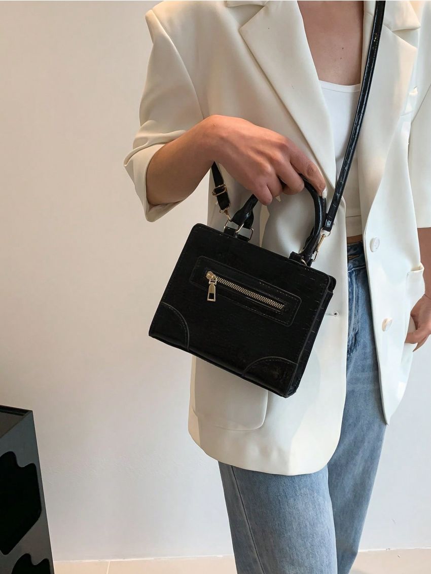 Crocodile Embossed Square Bag Black Zipper Front Decor For Daily