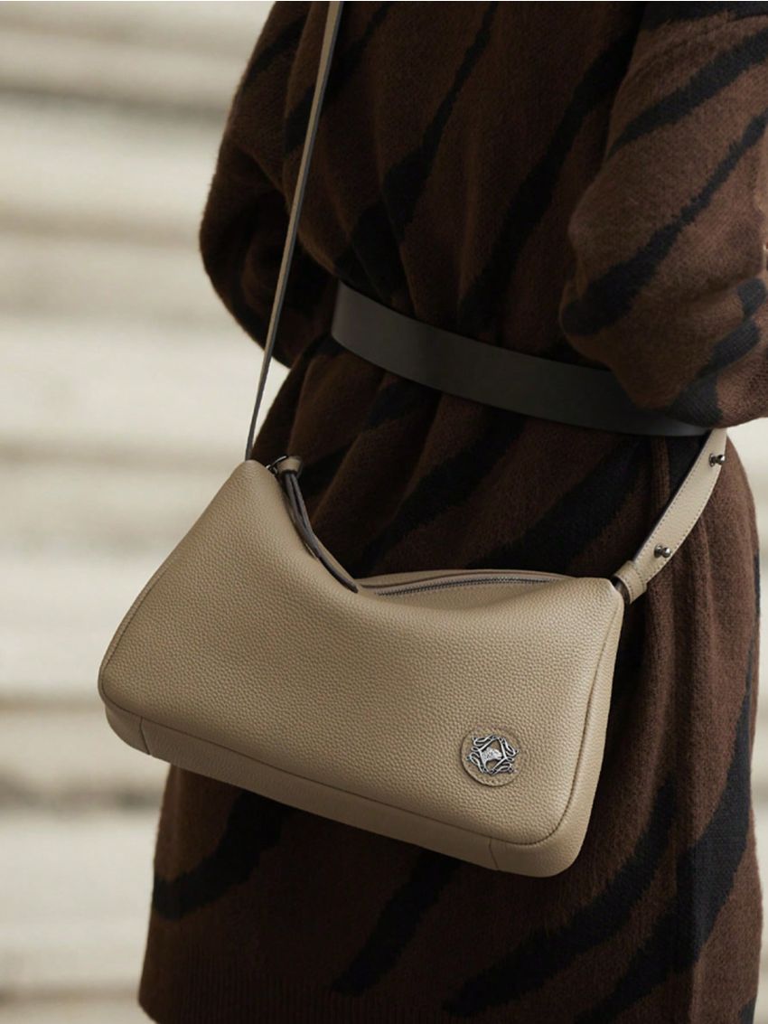 Metal Decor Litchi Embossed Baguette Bag Genuine Leather